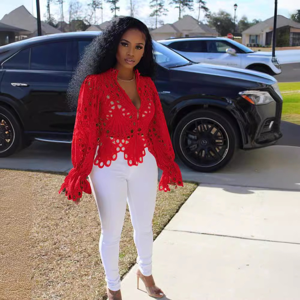 Women's Blouses Shirts Elegant Long Sleeve Hollow Out Mesh Lace Shirt Sheer See Through Top Blouse Clothing Dashiki African For Women 220830