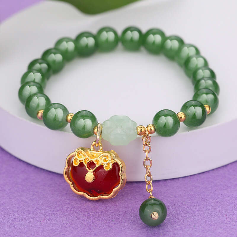 Elegant Green Jade Bead Bracelet with Gold Charm Lucky Chinese-Style Fashion Jewelry for Women & Girls