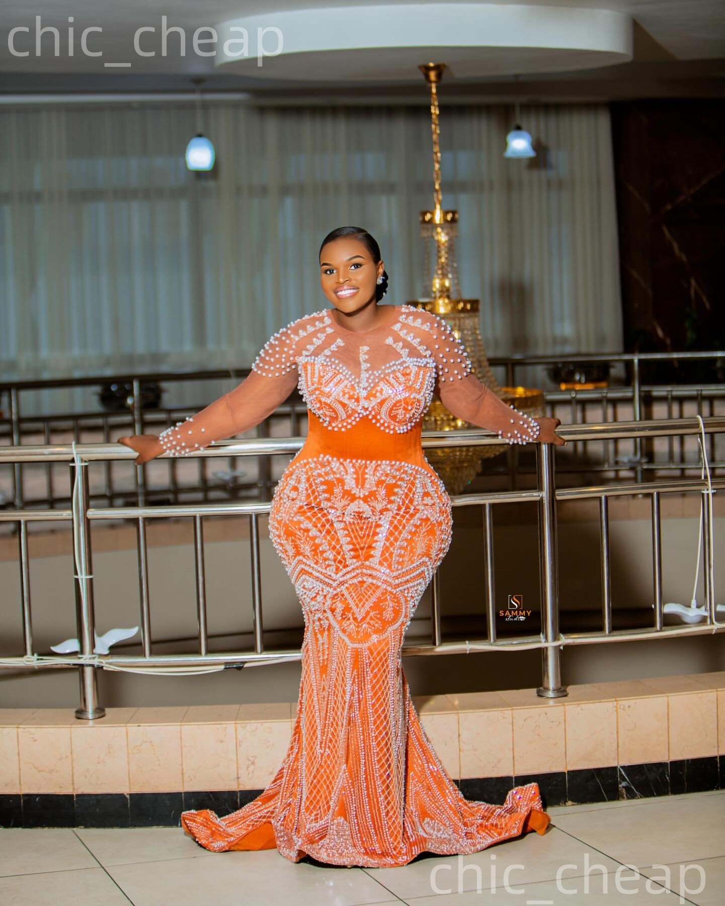 Aso Ebi Orange Mermaid Prom Dresses 2026 Pearls Sheer Neck Sequined Elegant Evening Formal Party Second Birthday Reception Gowns Dress For Special Occ