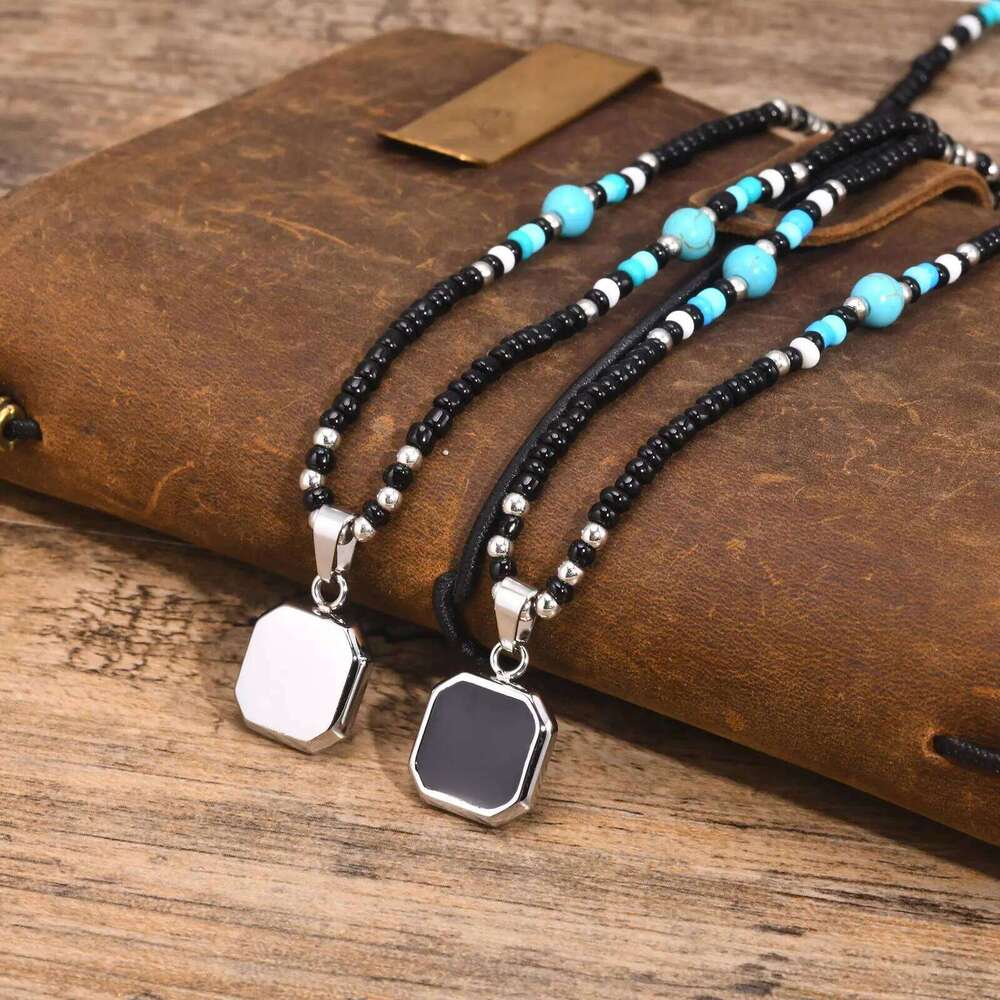 Vnox Boho Necklaces for Women Men, Geometric Square Natural Stone Pendant, Adjustable Blue Beads Chain, Ethnic Tribal Collar Z260123
