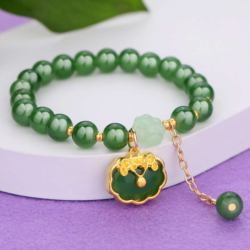 Elegant Green Jade Bead Bracelet with Gold Charm Lucky Chinese-Style Fashion Jewelry for Women & Girls