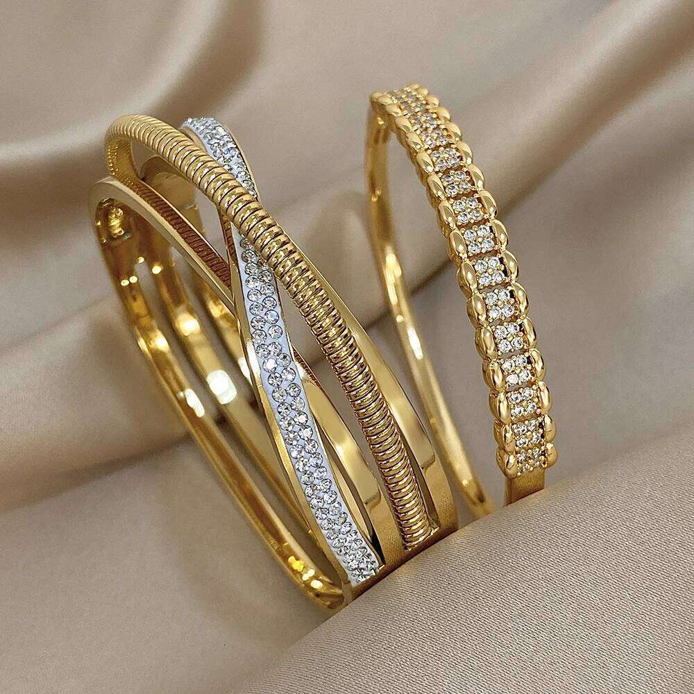 Crossed Rhinestone Stainless Steel Open Cuff Bangles Bracelets Fashion Charm Bracelet Jewelry Set Wrist Accessories Z260123