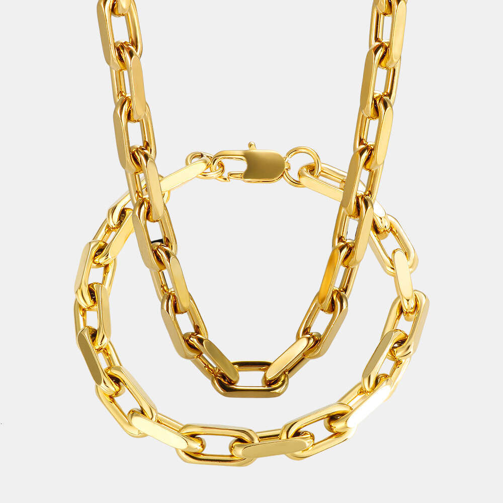 Classic Fashion Cuban Thick Chain Square Batch Corner Splicing Necklace Personality Trend Bracelet Stainless Steel Jewelry Set