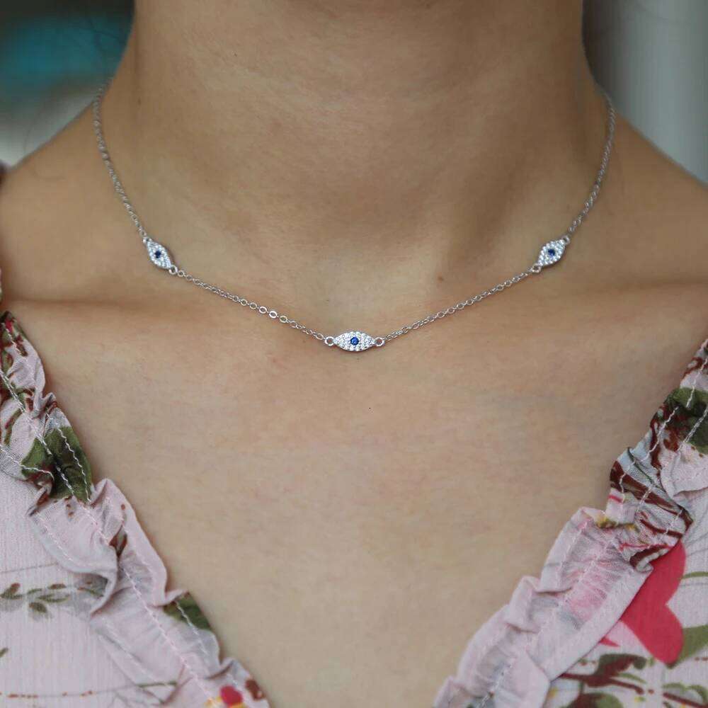 2018 Fine silver jewelry minimal delicate cz Turkish evil eye charm dainty choker collarbone adorable women girl chain necklace Z260123