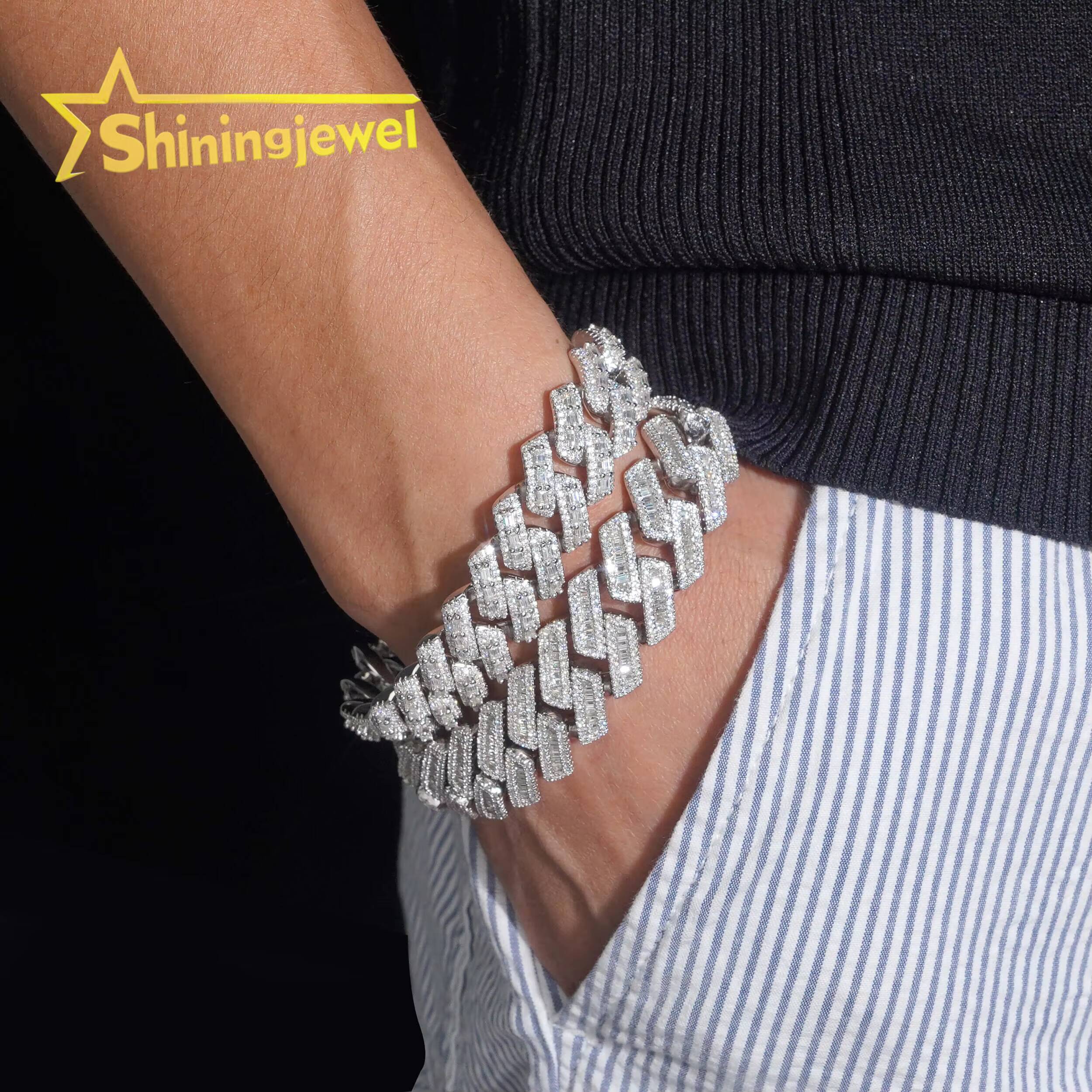 Bracelet moissanite bracelet18mm Baguette Moissanite Cuban Bracelet Ready Stock Hip Hop Rock Moissanite 925 Silver Diamond Cuban Link ChainNecklace ch