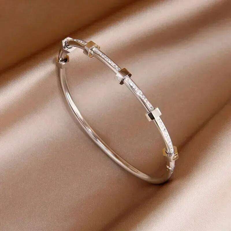 Trendy Round Cubic Zirconia Bangles For Women Men Gold Silver Color Stainless Steel Crystal Bangle Party Jewelry Z260123
