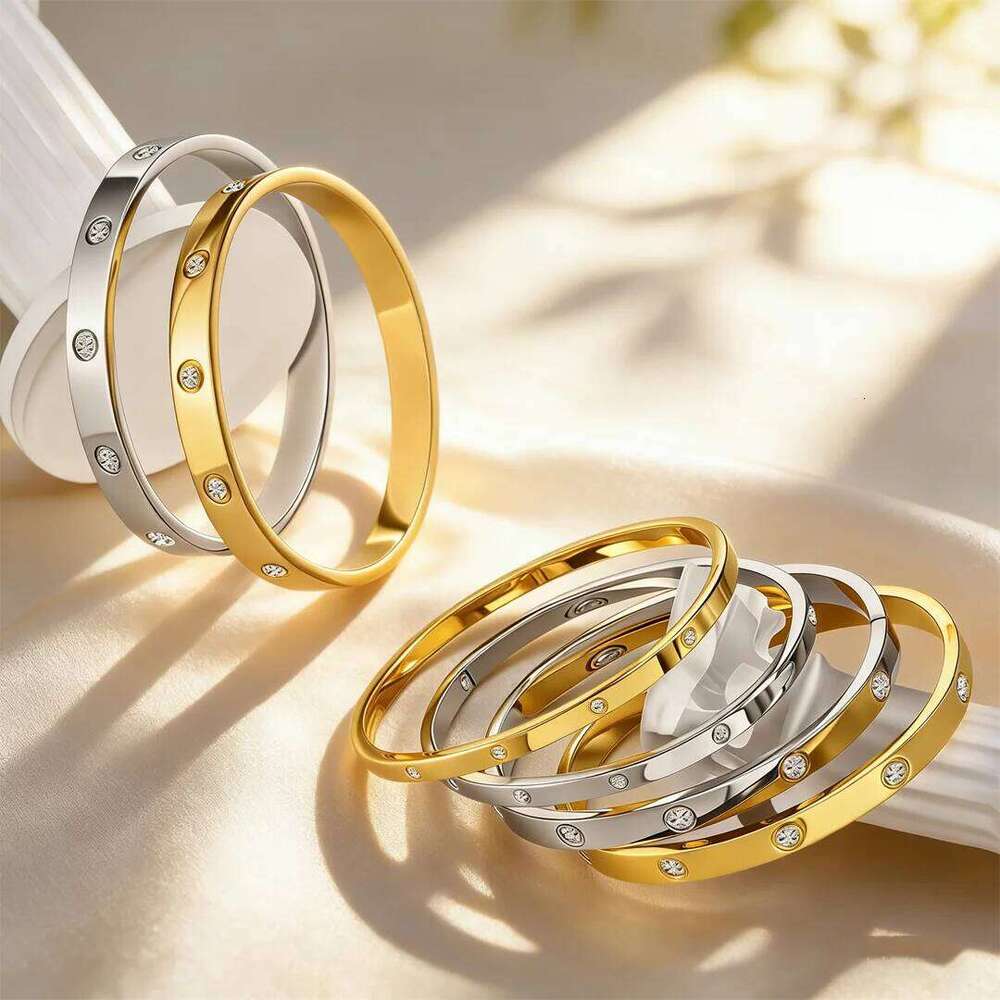 Fashion Gold Color Cubic Zircon Bracelet for Women, Waterproof Stainless Steel Openable Bangle, Charm Luxury Jewelry Gifts Z260123