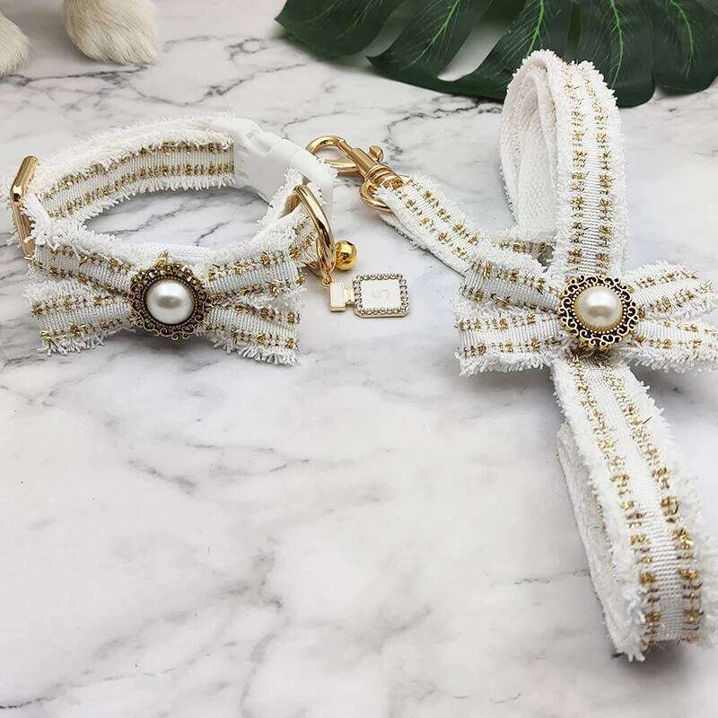 Lace Leash Set Vintage Bowknot Pearl Bells Girl Dog Adjustable for Small Medium Dogs Puppy Collar Pet Supplies