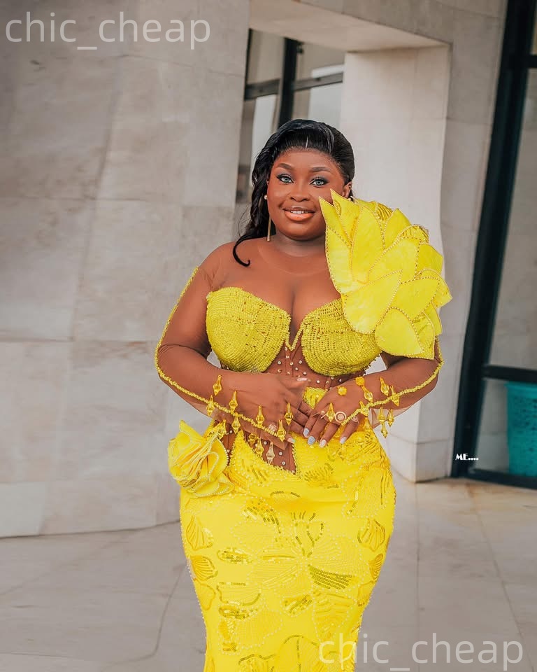 Aso Ebi Yellow Mermaid Prom Dresses 2026 Rhinestones Beaded Florals Evening Formal Party Second Birthday Reception Gowns Dress For Special Occasions