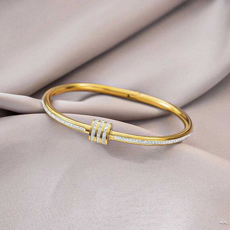 316L Stainless Steel 2025 New Fashion Waterproof Jewelry Embed 3 Rows Zircon Cylinder Charm Bangle Bracelet For Women Decoration Z260123