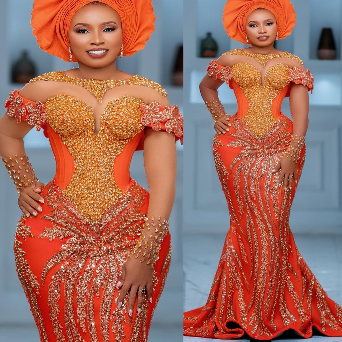 Aso Ebi Orange Mermaid Prom Dresses 2026 Flowers Crystals Beaded Sequined Evening Formal Party Second Birthday Reception Gowns Dress For Special Occas