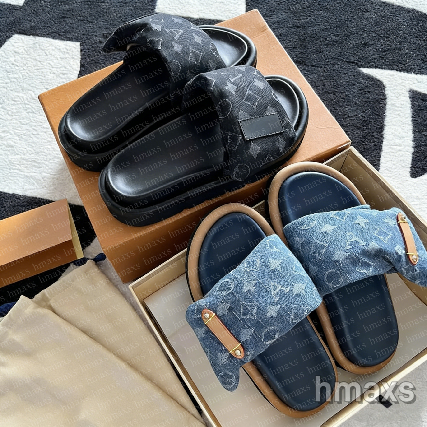 Slippers Designer sandals Sliders Women Men Pool Pillow Flat Mules Denim Slides Print Embossed Summer Sandals Beach Shoes Soft Sandal 35-45