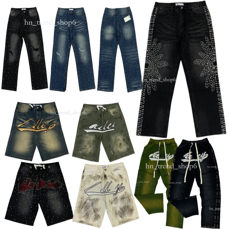 Fashion Trend Full Drill Ripped Pants Mens Valley Jeans Designer University Hip Hop Letter Printed Black Short Pants Men Women Fashion Casual Wide Foot Baggy Short 65