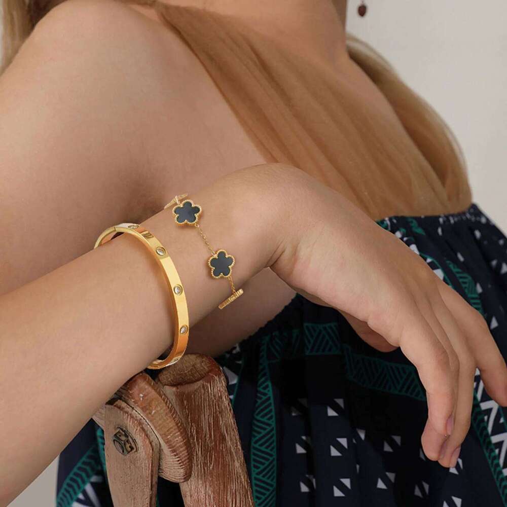 Exquisite Five Flower Bracelet Set for Women, Luxury Stainless Steel Zircon Openable Bangle, Classic Fashion Jewelry Gift Clover Z260123