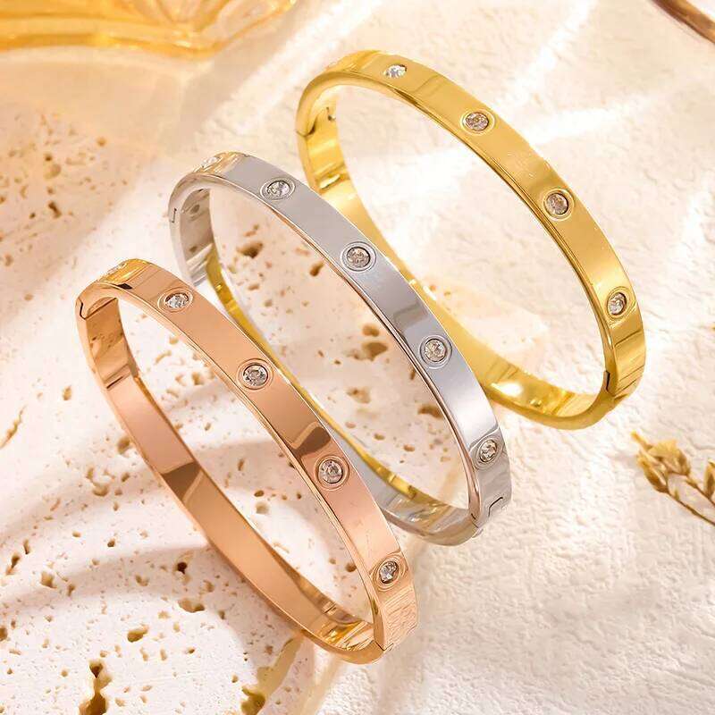 Simple Luxury Jewelry Waterproof Stainless Steel Wide for Women Men Cuff Bangles Ten Zircon 18k Gold Plated Couple Bangle Z260123