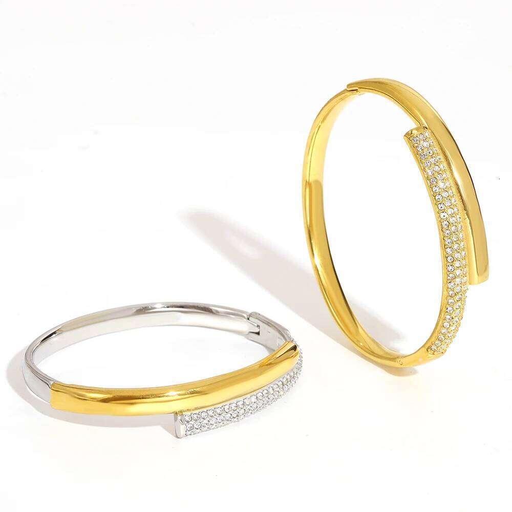 Greatera Overlapping Rhinestone Inlaid Women's Cuff Bracelet Two Tone Personality Stainless Steel Exaggerate Bangle Party Gifts Z260123