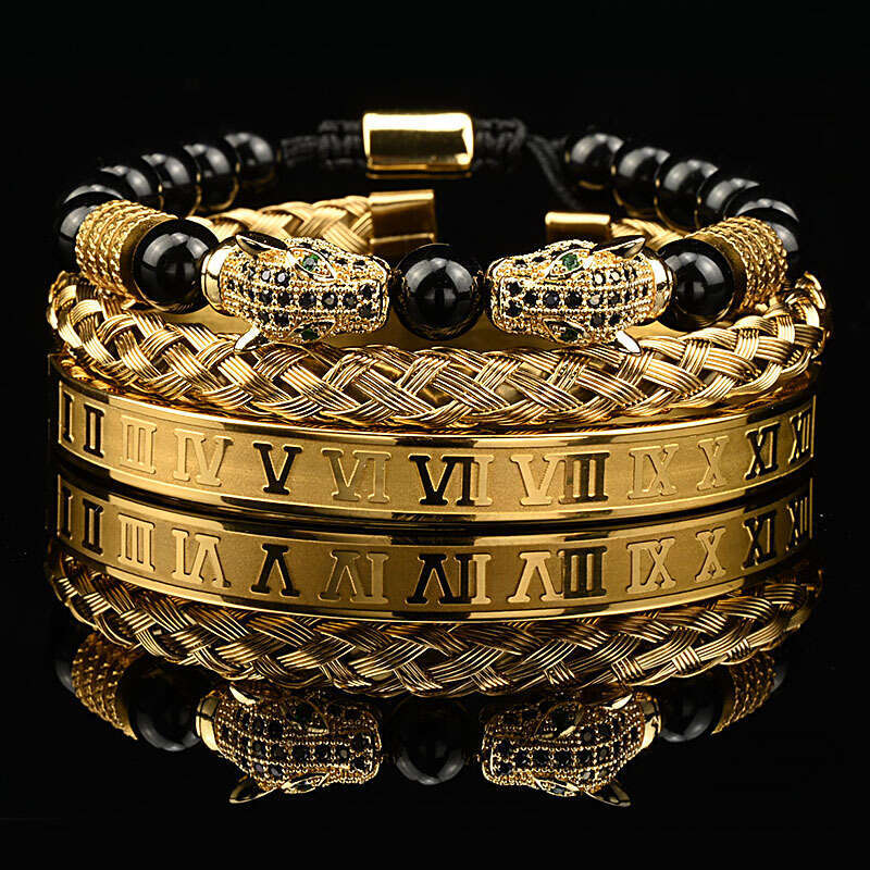 Micro-Inlaid Zircon Double Leopard Head Shiny Black Bead Braided Bracelet Stainless Steel Roman Bangle