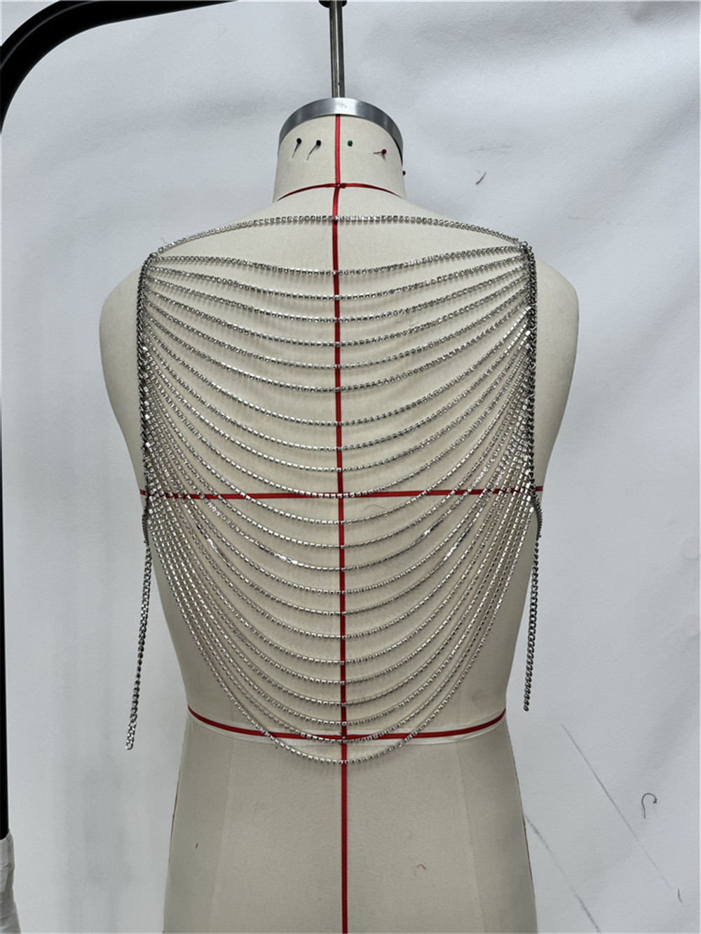 Stage Wear Fashion Men Multi Layer Sparkling Metal Tassel Rhinestone Body Chain Sexy Club Back Chest Chain