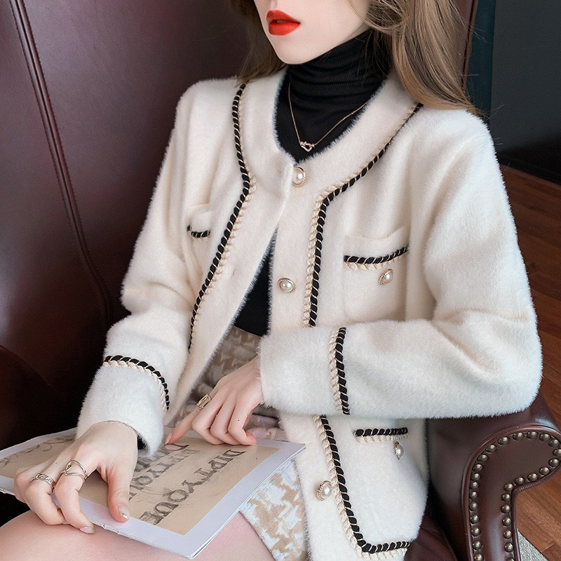 White Mink Cashmere Sweater Coat Women Autumn Winter Lazy Style Korean Retro Black Loose ONeck Knitted Cardigan Fashion Outwear 241108 ddmytues