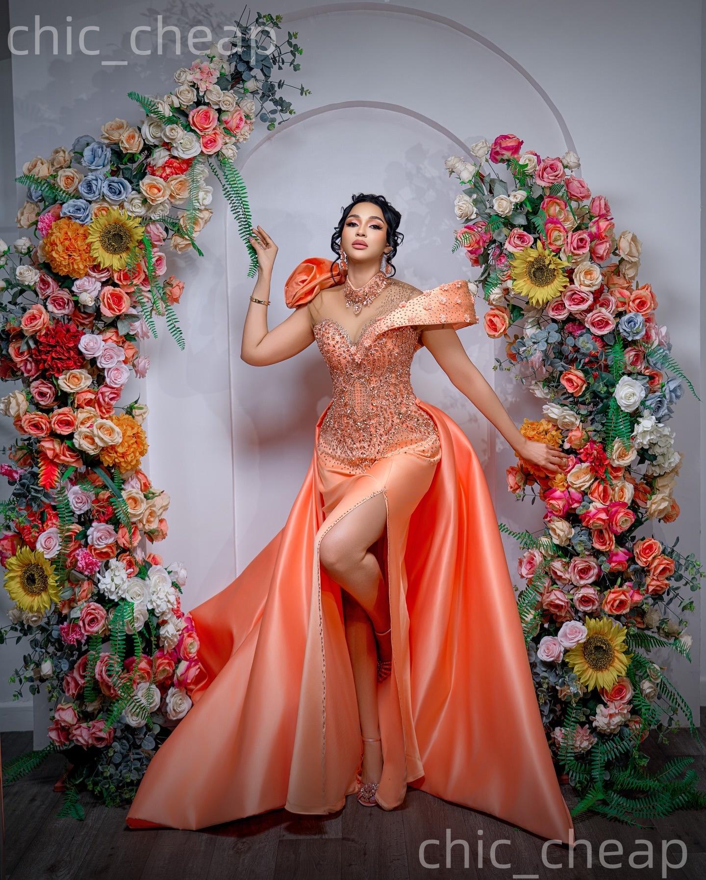 Aso Ebi Coral Sheath Prom Dresses 2026 Flowers Crystals Satin Detachable Train Evening Formal Party Second Birthday Reception Gowns Dress For Special 