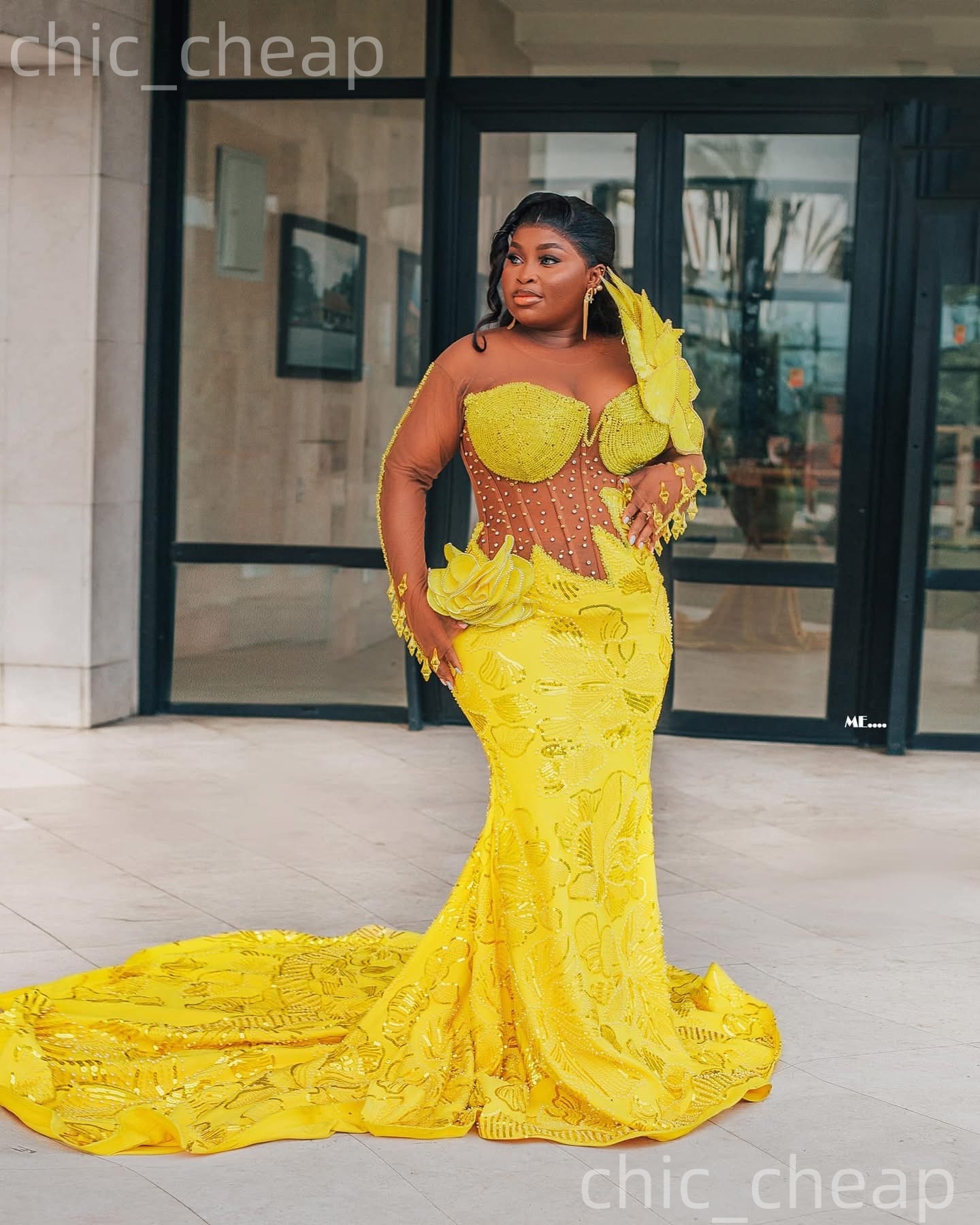 Aso Ebi Yellow Mermaid Prom Dresses 2026 Rhinestones Beaded Florals Evening Formal Party Second Birthday Reception Gowns Dress For Special Occasions