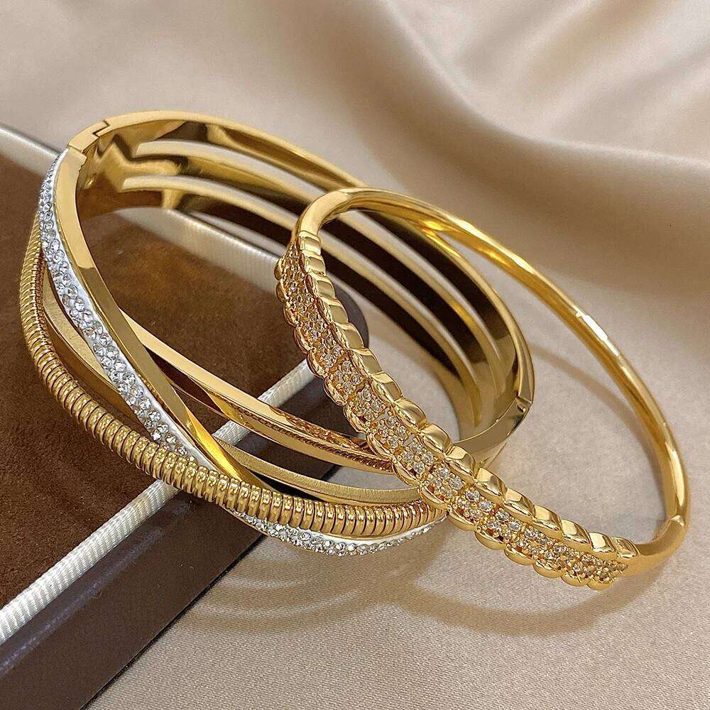 Crossed Rhinestone Stainless Steel Open Cuff Bangles Bracelets Fashion Charm Bracelet Jewelry Set Wrist Accessories Z260123