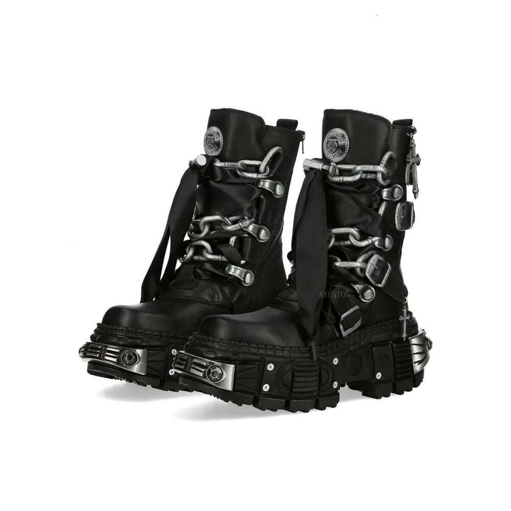 Thick Sole Metal Studded Chain Motorcycle 2026 New Round Toe Street Punk Rock Fashion Sporty Casual Y2K Gothic Boots