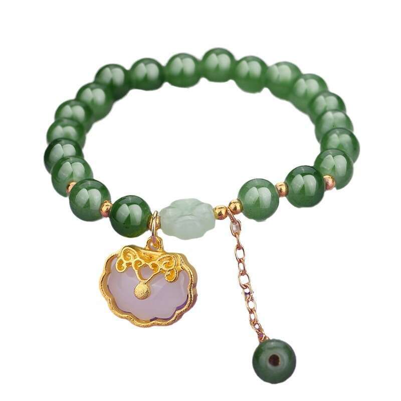 Elegant Green Jade Bead Bracelet with Gold Charm Lucky Chinese-Style Fashion Jewelry for Women & Girls