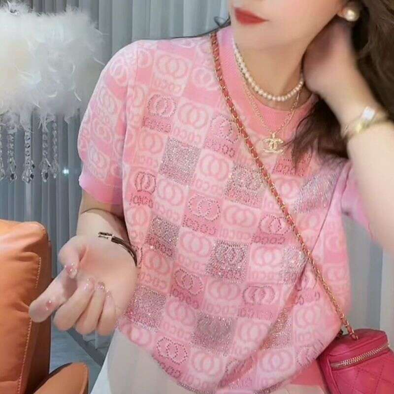 Summer Thin Knitted Short Sleeve T-Shirt For Women, Niche Jacquard Design, European Style, Heavy Embroidery, Rhinestone, Ice Silk Plaid Top Xing Zhigu