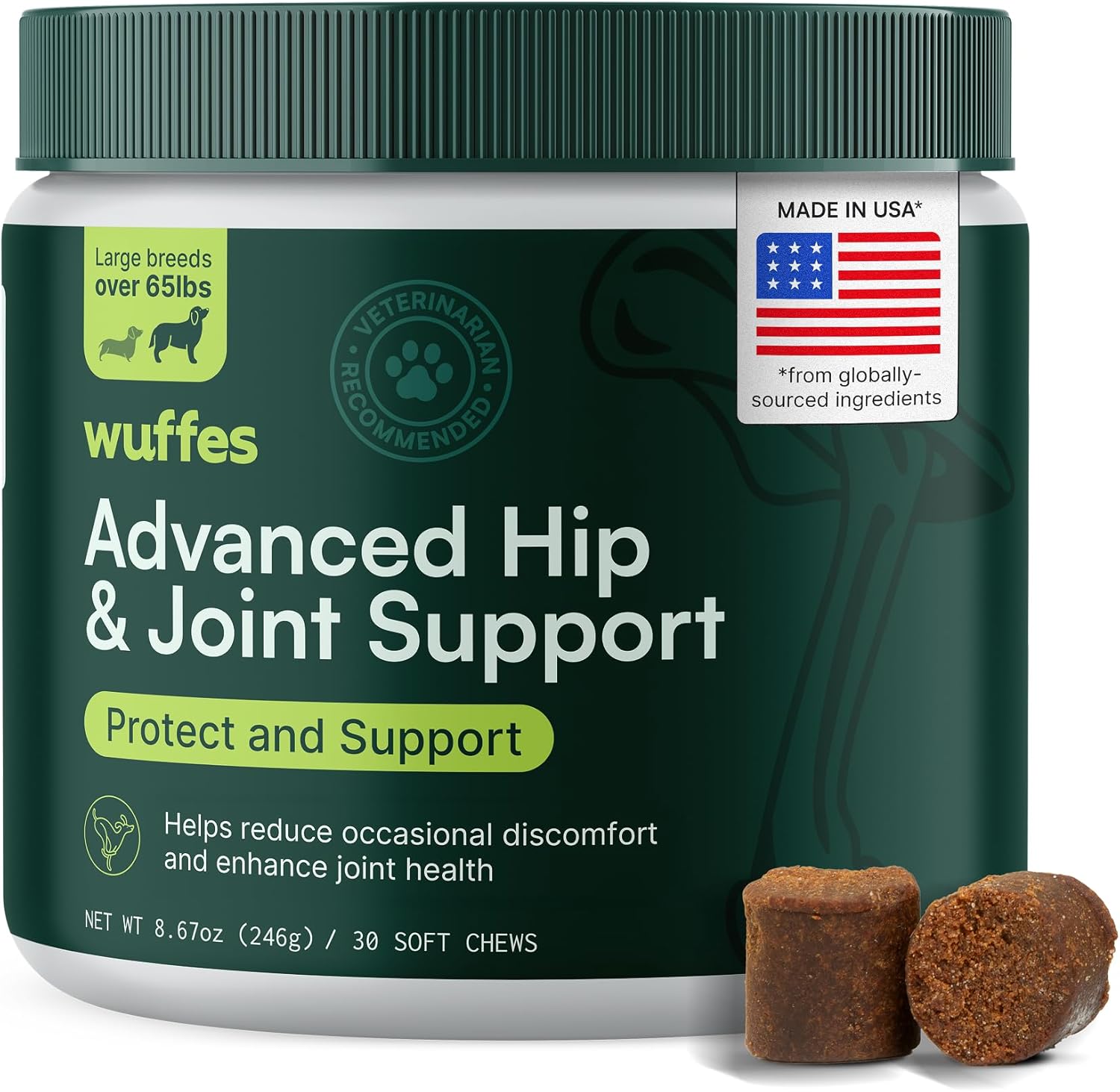 Wuffes Advanced Dog Hip and Joint Supplement with Glucosamine, Chondroitin, Omega 3, MSM, and Green Lipped Mussel, 30 Pork Flavored Chews for Large Dog Breeds