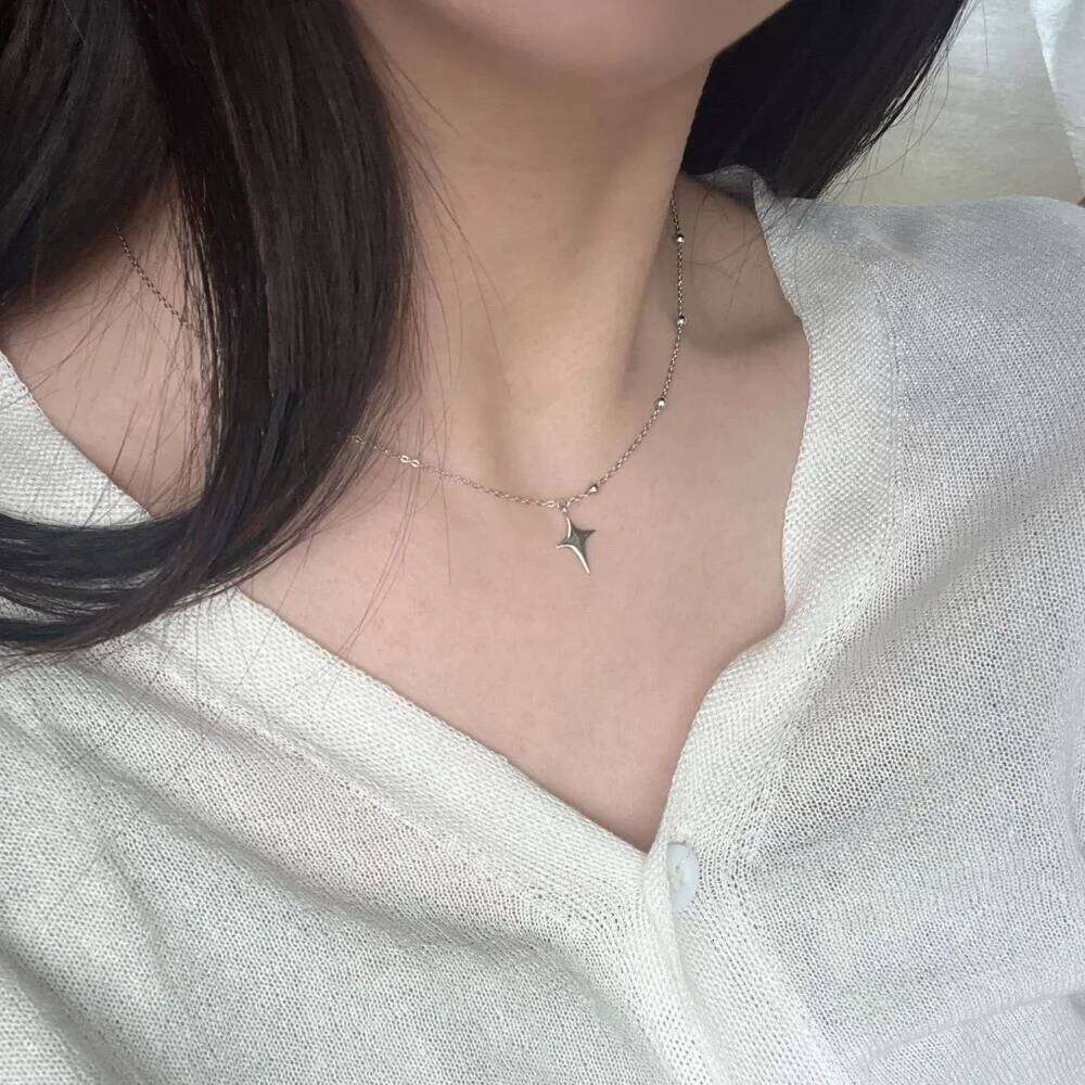 Classic Simple Four-pointed Star Pendant Necklace for Women Temperament Trend Silver Color Stainless Steel Cross Chokers Jewelry Z260123