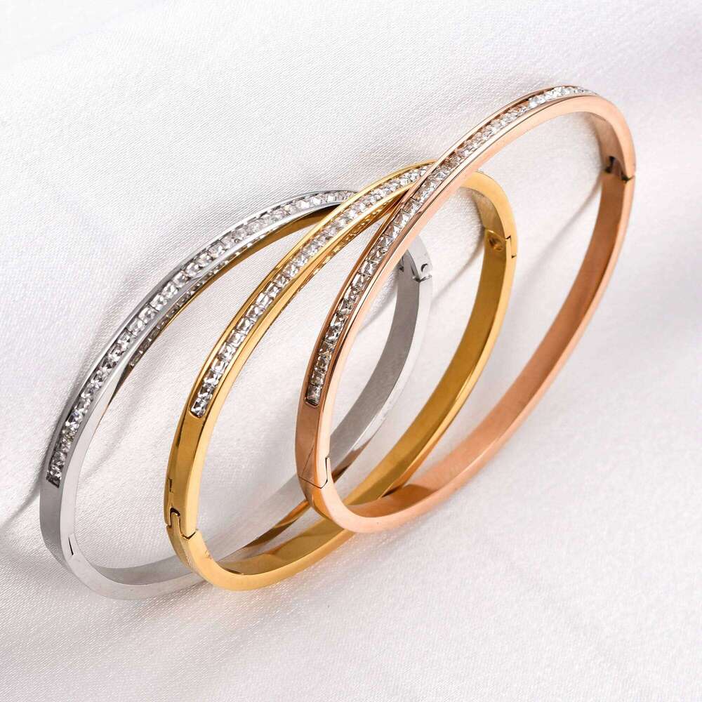 Elegant Stainless Steel Zircon Bangle Cuff Bracelet Women Openable Wristband Metal Jewelry Accessories Gift for Her Z260123