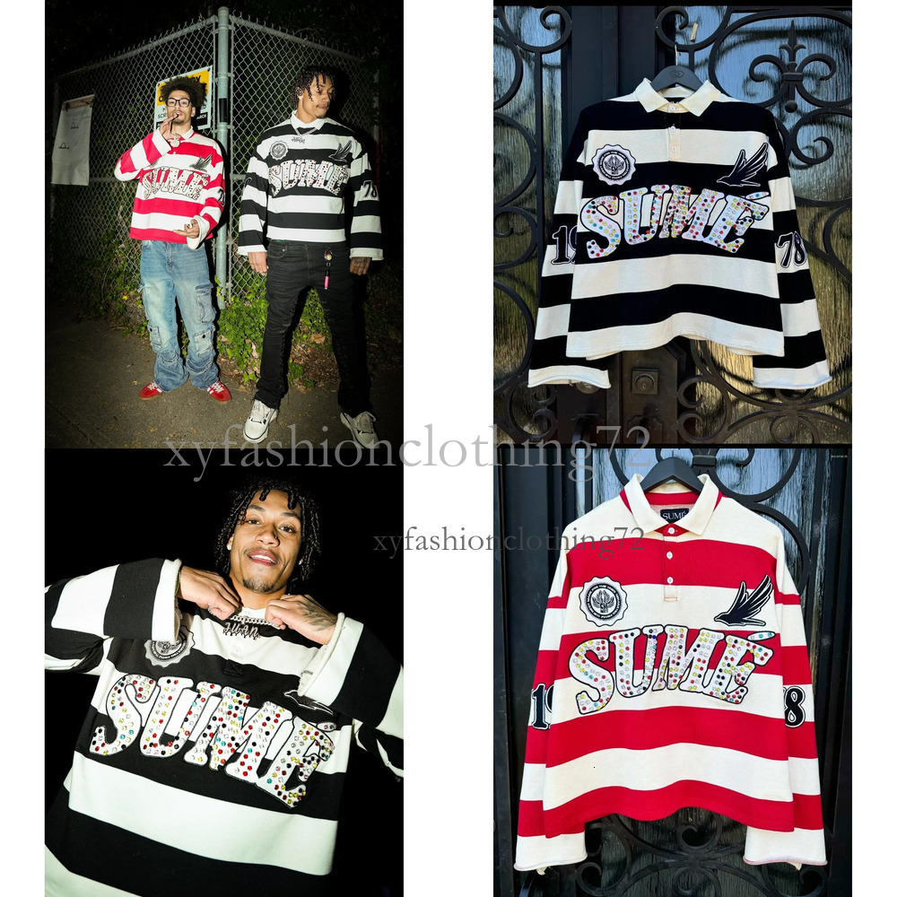 Rhinestone Text Graphic Long Sleeve Tee - Men's Retro Striped Hip-hop Shirt, Designer Street Collar Top SUME Size L-XXL bd