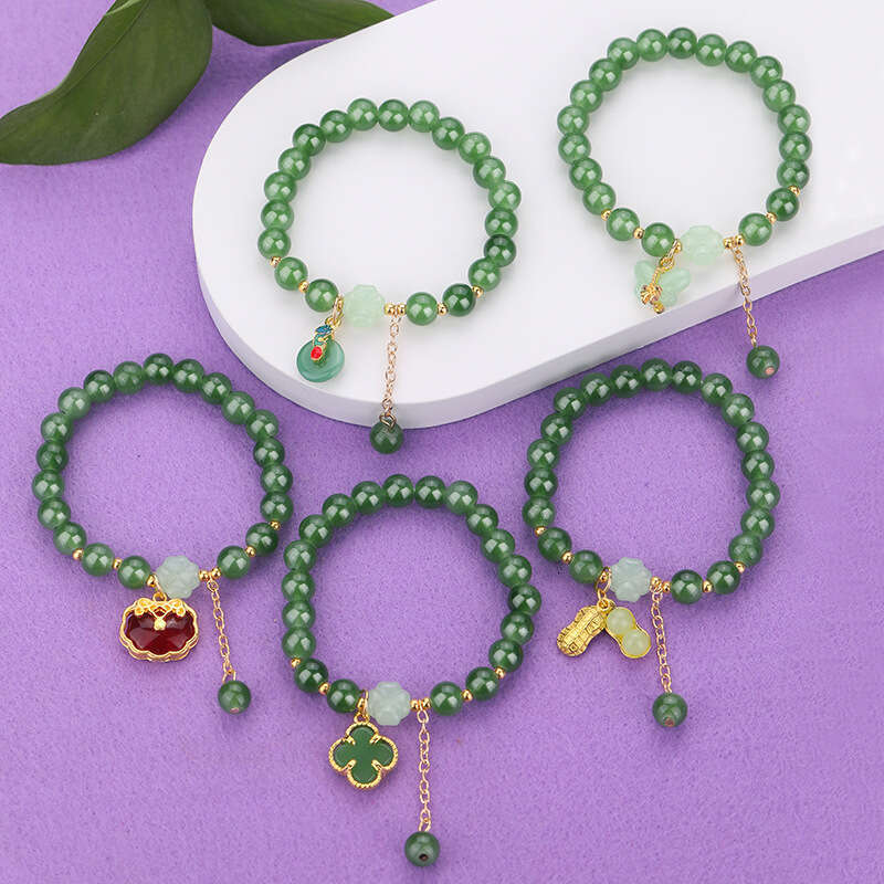 Elegant Green Jade Bead Bracelet with Gold Charm Lucky Chinese-Style Fashion Jewelry for Women & Girls