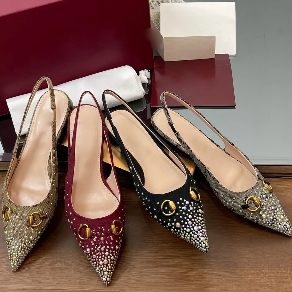 Designers Crystals Sandals Shoes Luxury Multi-dimension Crystals High Heels Womens Canvas Slingback Pump Summer Adjustable Party Sandals 35-42