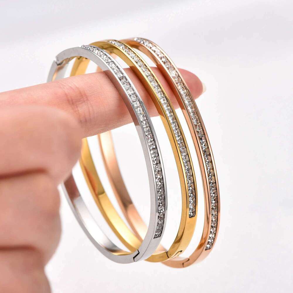 Elegant Stainless Steel Zircon Bangle Cuff Bracelet Women Openable Wristband Metal Jewelry Accessories Gift for Her Z260123