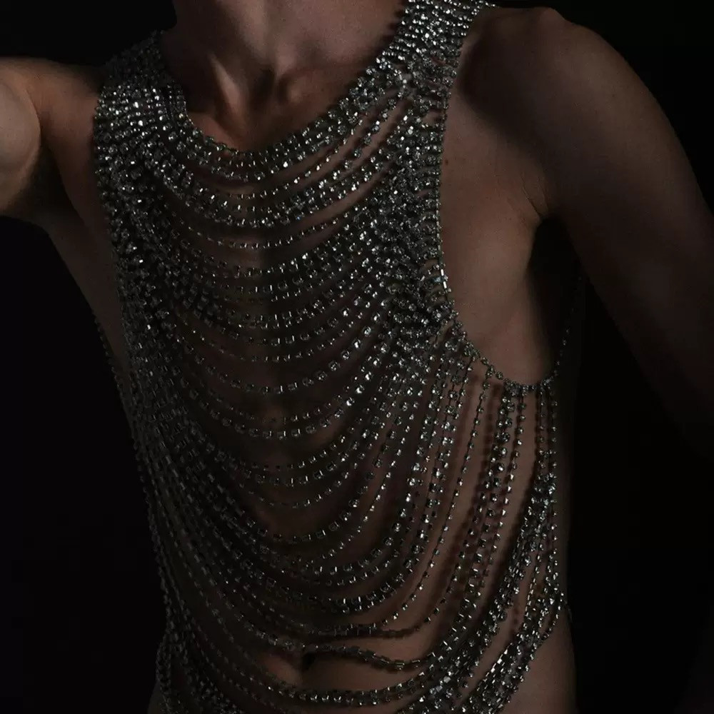Stage Wear Fashion Men Multi Layer Sparkling Metal Tassel Rhinestone Body Chain Sexy Club Back Chest Chain