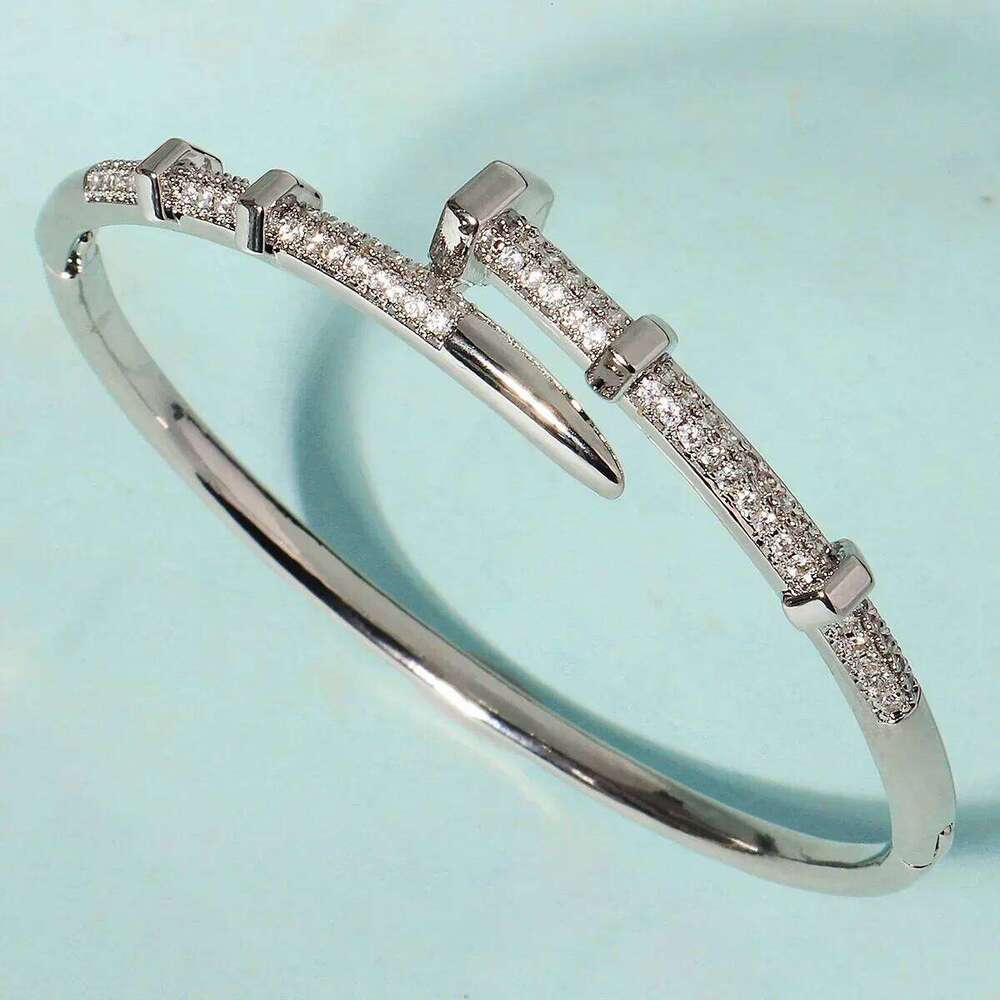 Geometric Nail Cuff Bracelet, Micro-Paved Zircon on Titanium Steel, Contemporary Women's Jewelry, Bold Yet Refined Accessory Z260123