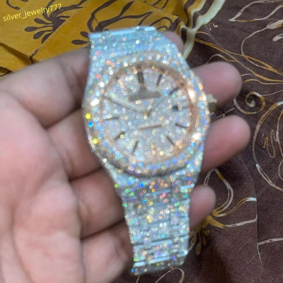 Luxury Mens High Quality Mechanical Watch Full Diamond VVS Iced Moissanite Analog Display Stainless Steel Band Hip Hop Style