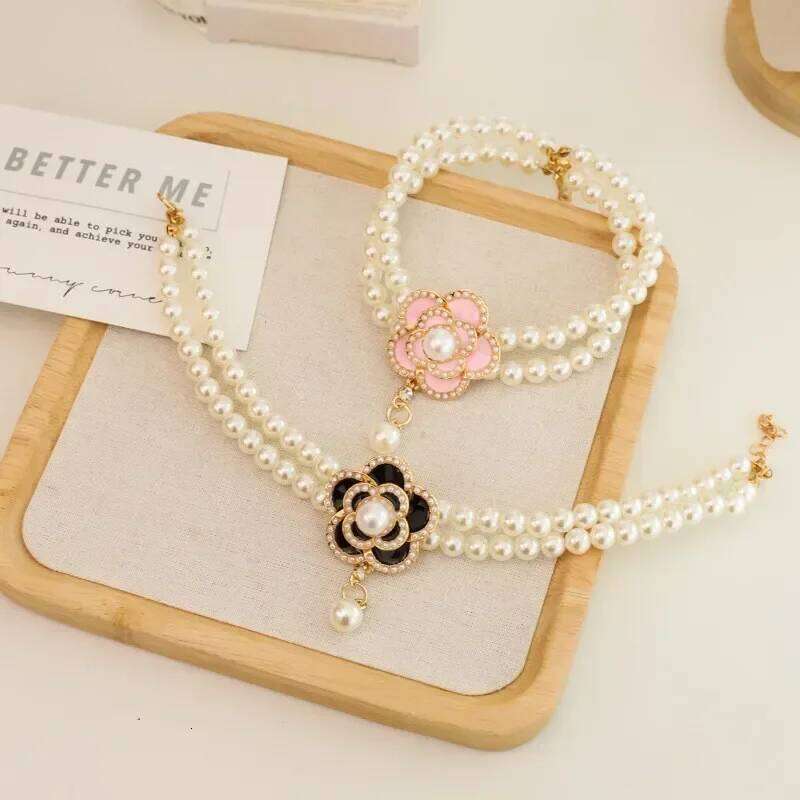 Pet Floral Camellia Ornament Pearl Necklace Small Cat And Dog Collar