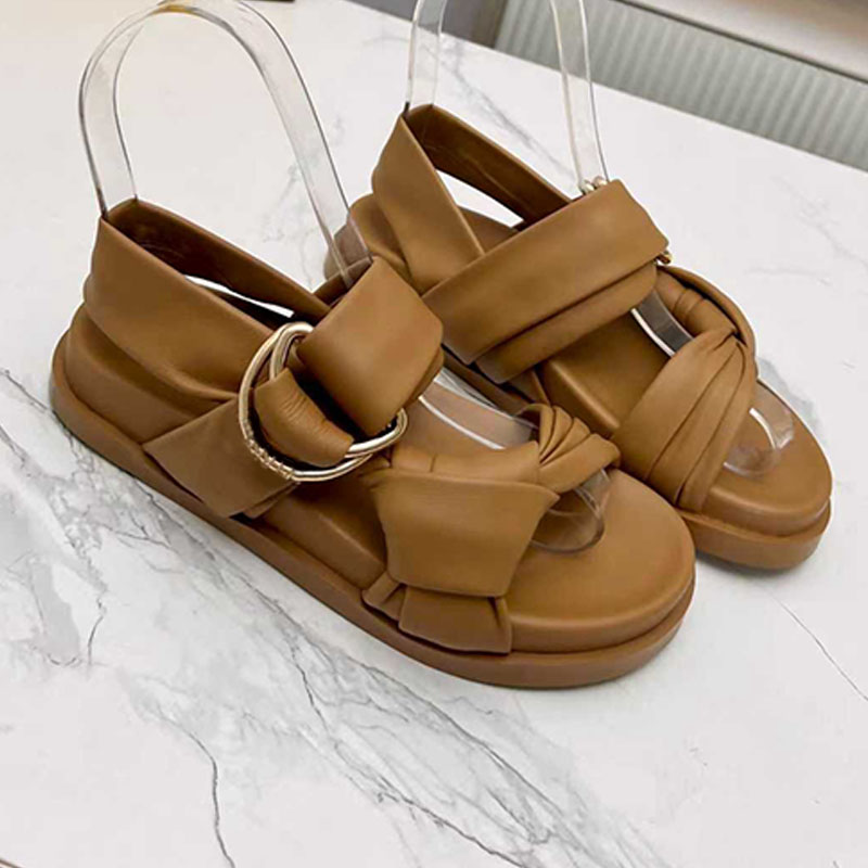 Designer Ladies Beige Nappa Leather Sandals padded straps decorative D ring buckle Casual Shoes Gold finish metalware lambskin Travel Comfortable Sandals