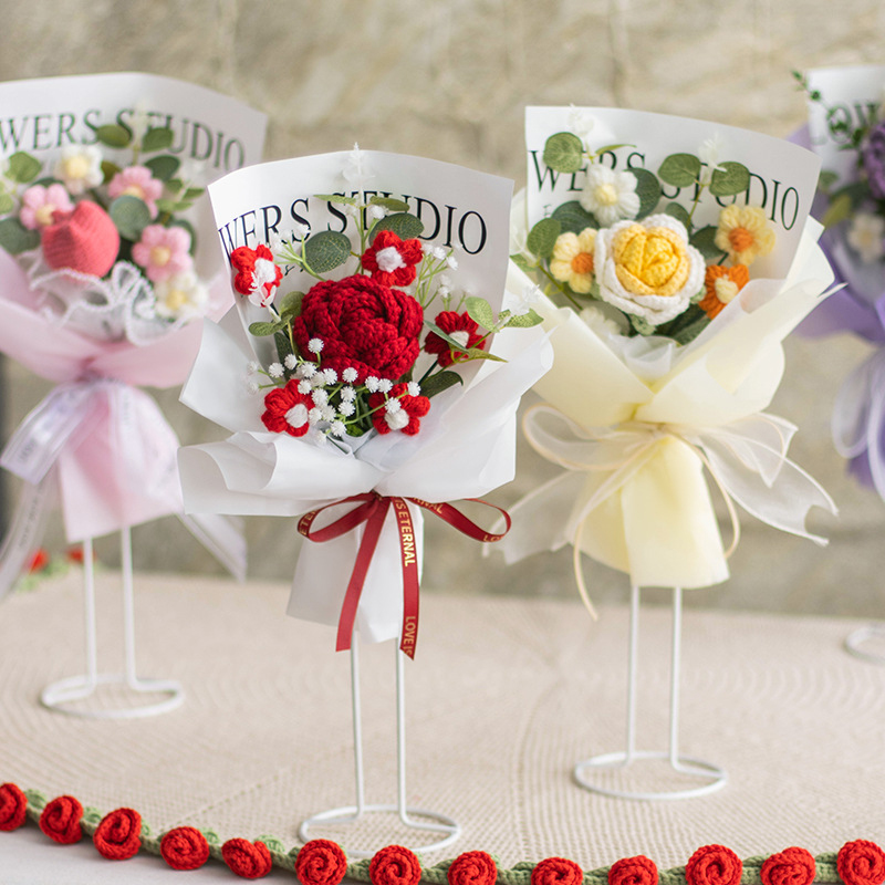 Hand Knitting Crochet Flowers Bouquet with Medium PVC Box for Friends Lover Home Office Living Room Indoor Decoration Vase Filler Gifts for Women Valentines Day