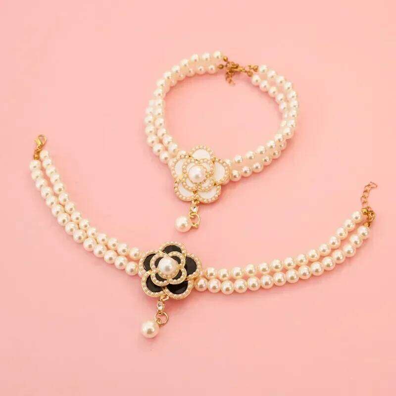 Pet Floral Camellia Ornament Pearl Necklace Small Cat And Dog Collar