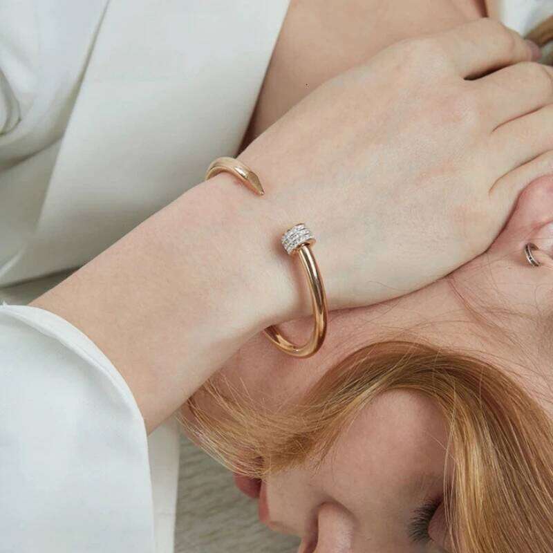 Fashion Stainless Steel Nail Studded Zirconia Open Women Men Golden Couple Holiday Gift Bracelet Party Daily Jewelry Z260123