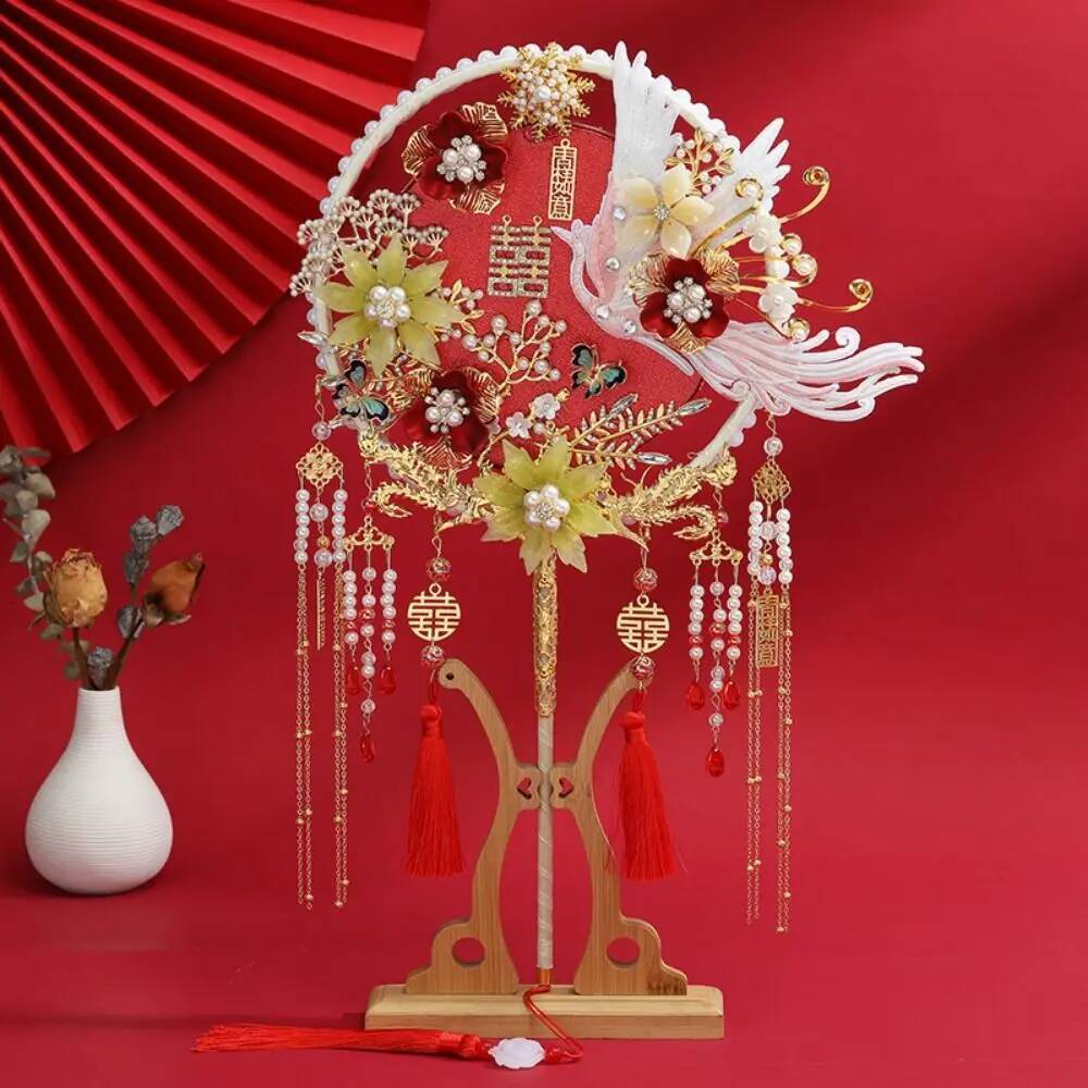 Antique Style Bride Group Handmade Flower Desig Show with Tassel Long Handle Decorative Fan For Chinese Wedding ddmynov