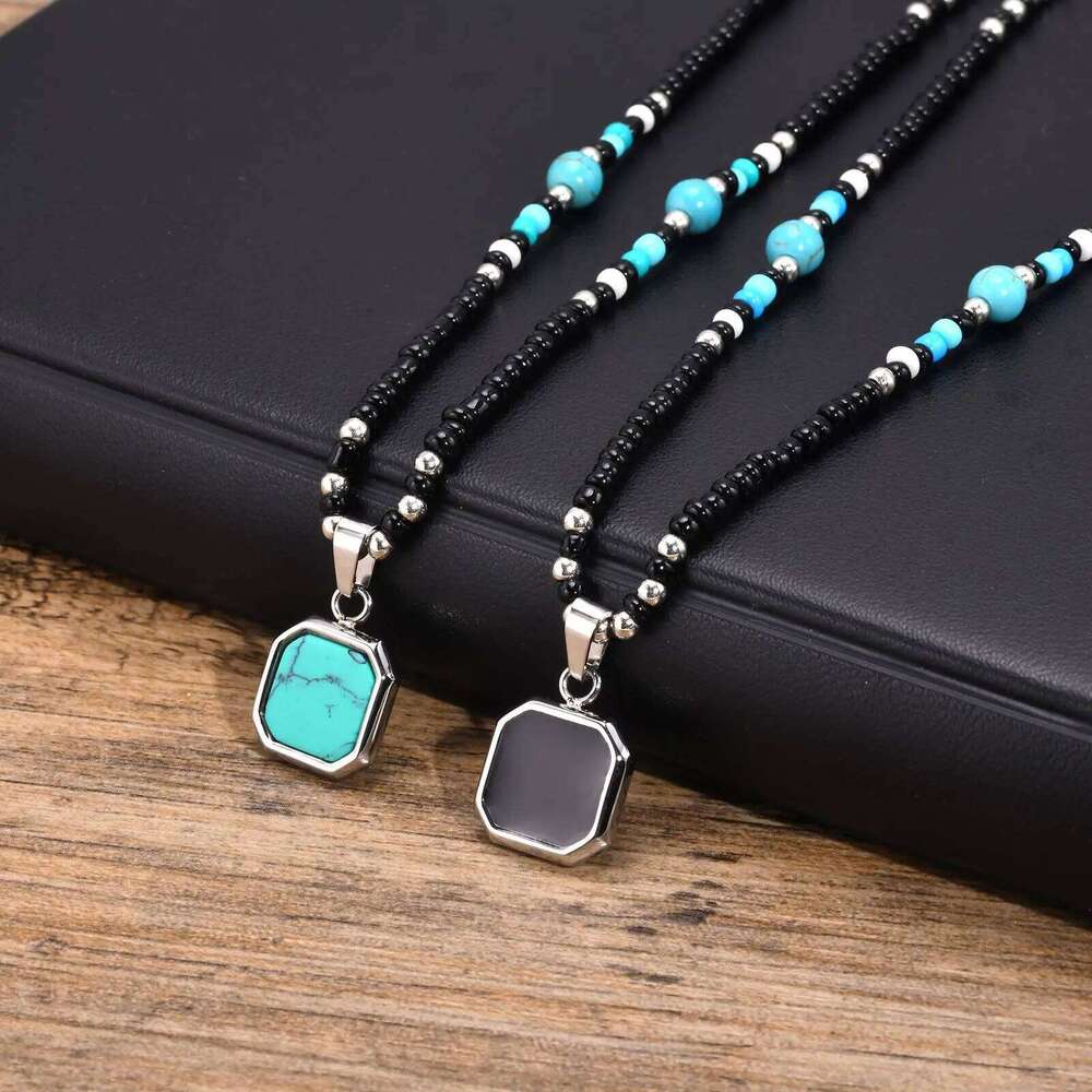 Vnox Boho Necklaces for Women Men, Geometric Square Natural Stone Pendant, Adjustable Blue Beads Chain, Ethnic Tribal Collar Z260123