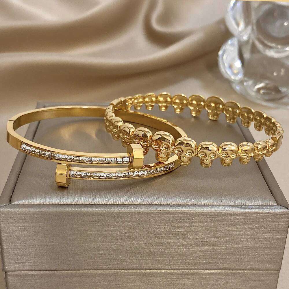 Greatera Chic Rhinestone Cross-opening Thin Bracelet Delicacy Exaggerate Skull Pattern Original Design Women's Waterproof Bangle Z260123