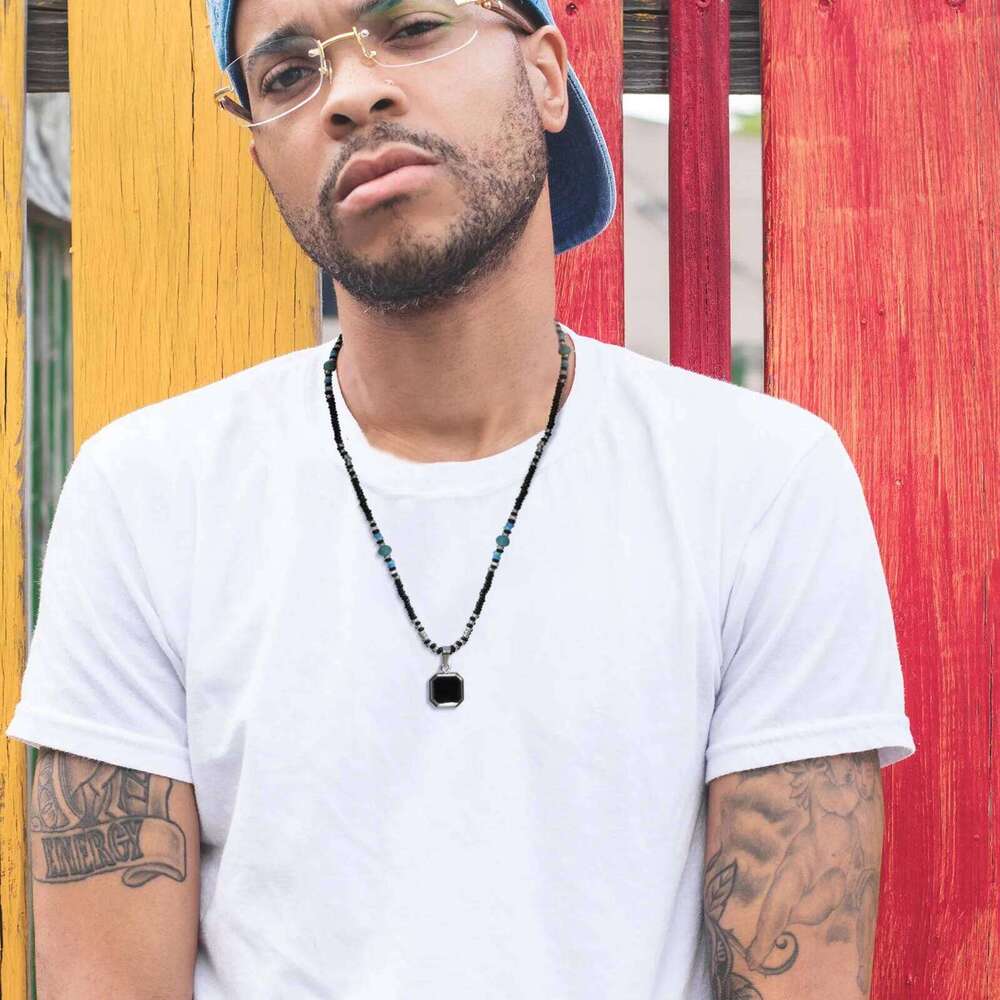 Vnox Boho Necklaces for Women Men, Geometric Square Natural Stone Pendant, Adjustable Blue Beads Chain, Ethnic Tribal Collar Z260123