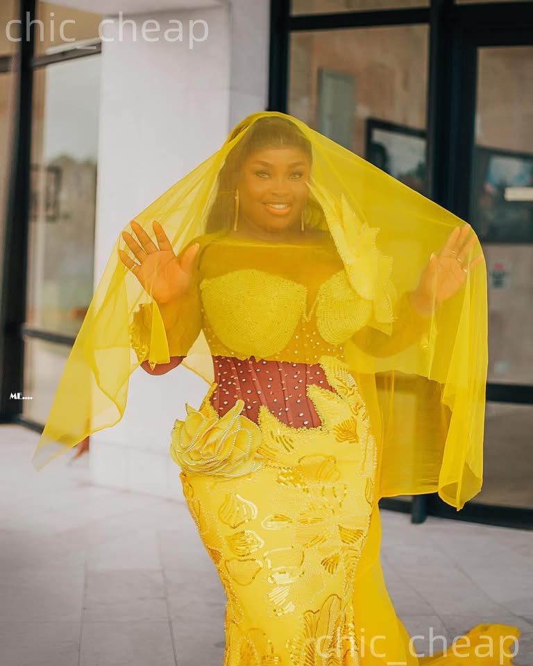 Aso Ebi Yellow Mermaid Prom Dresses 2026 Rhinestones Beaded Florals Evening Formal Party Second Birthday Reception Gowns Dress For Special Occasions