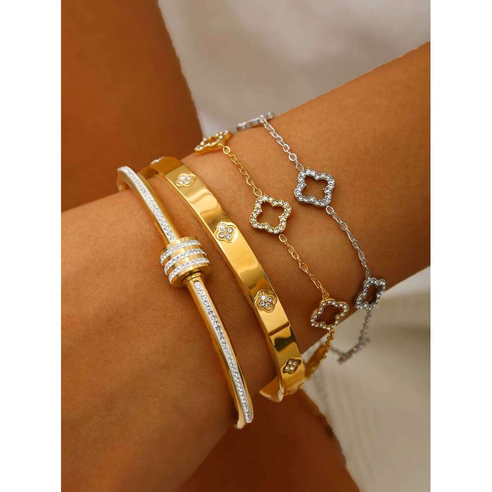 Elegant Temperament Delicate Stainless Steel With Diamond Clover, Small Waist, Hollow Clover Bracelet Female Z260123
